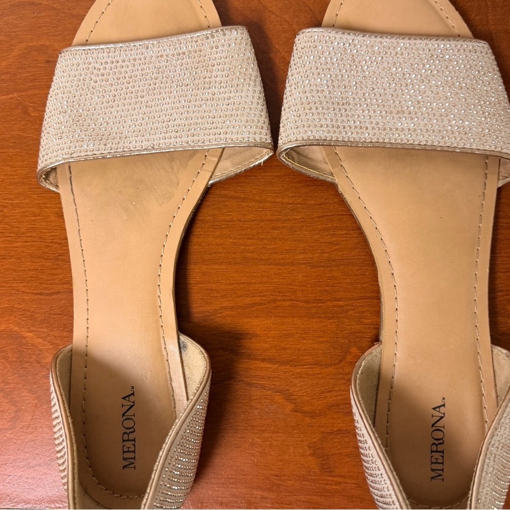 Merona Gold Rhinestone Sandals Open Toe Slip On Flats - Picture 3 of 4